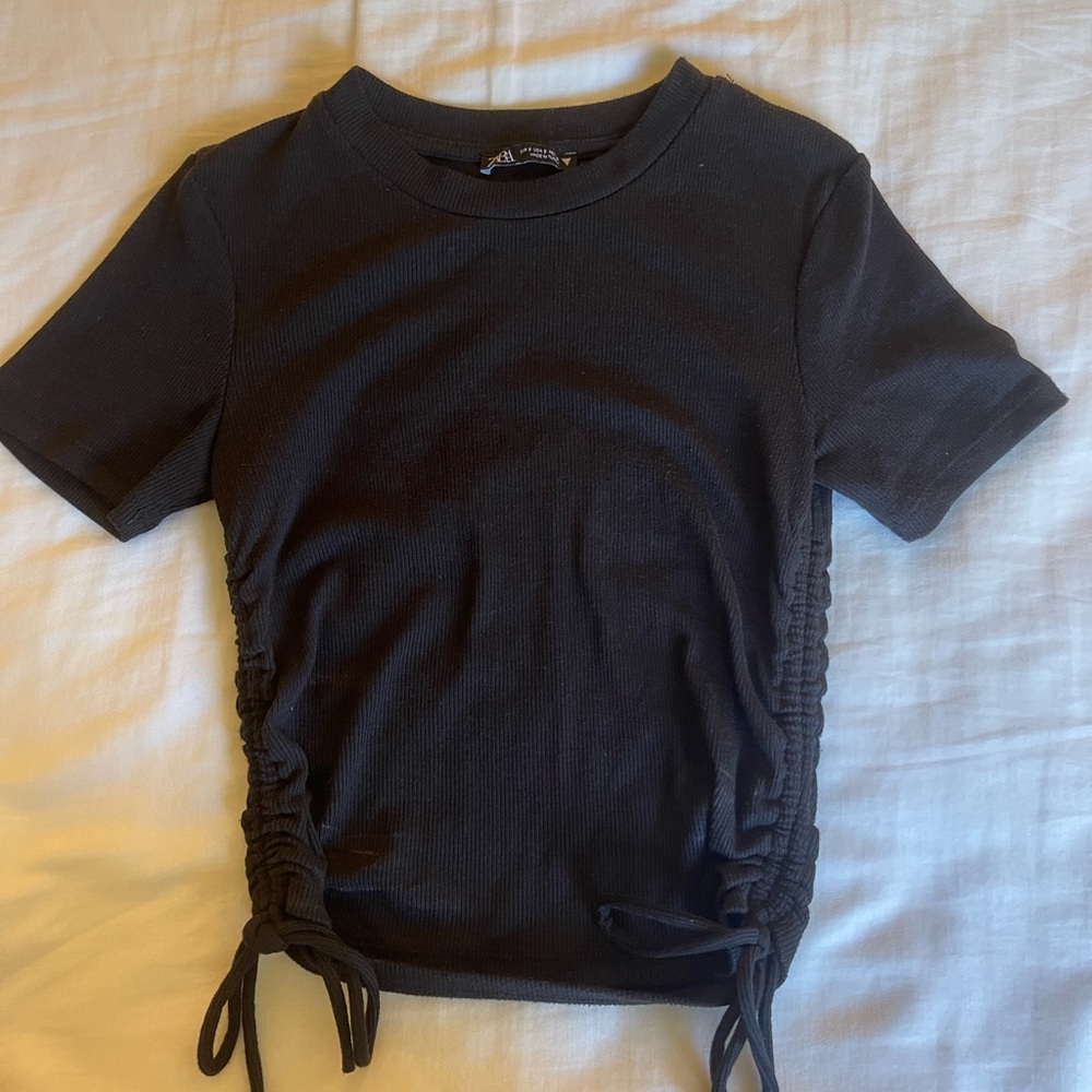 Black ruched short sleeve tee with ties from zara